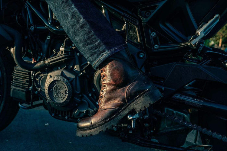 BSMC X Umberto Luce Boot - Coffee Brown, on bike footrest