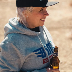 Mel wearing our BSMC XR Overhead Hoodie - Grey