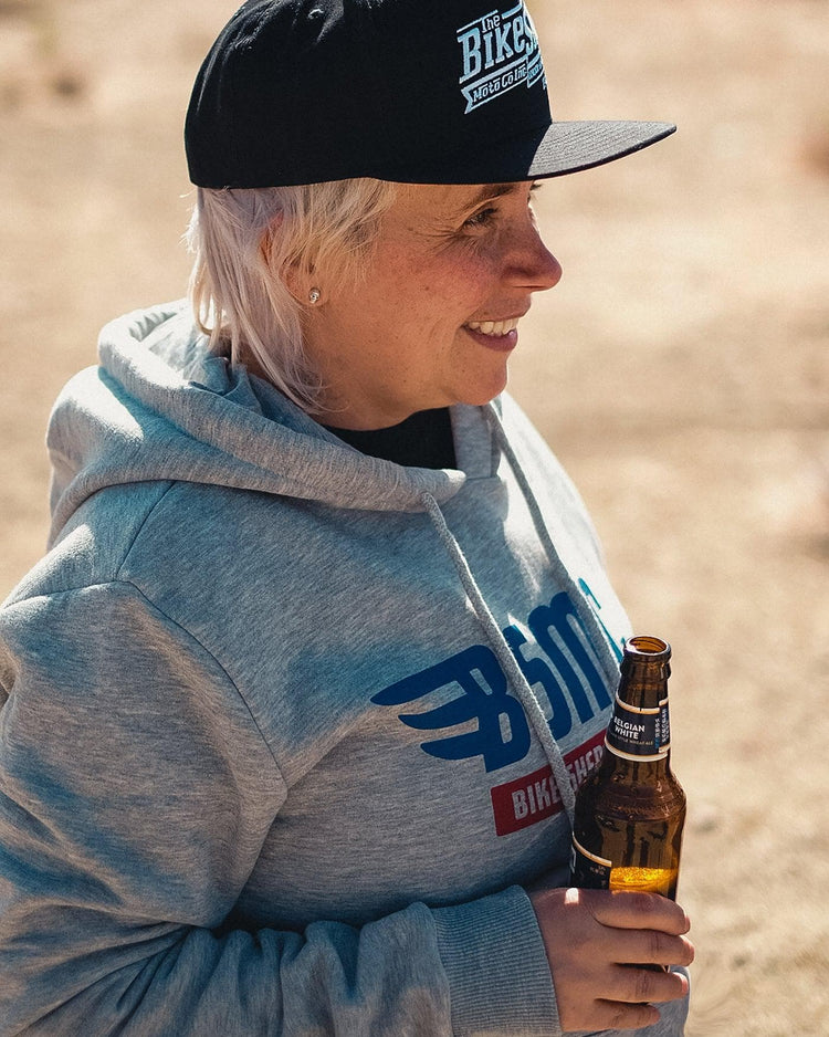 Mel wearing our BSMC XR Overhead Hoodie - Grey