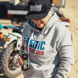 Mel wearing our BSMC XR Overhead Hoodie - Grey