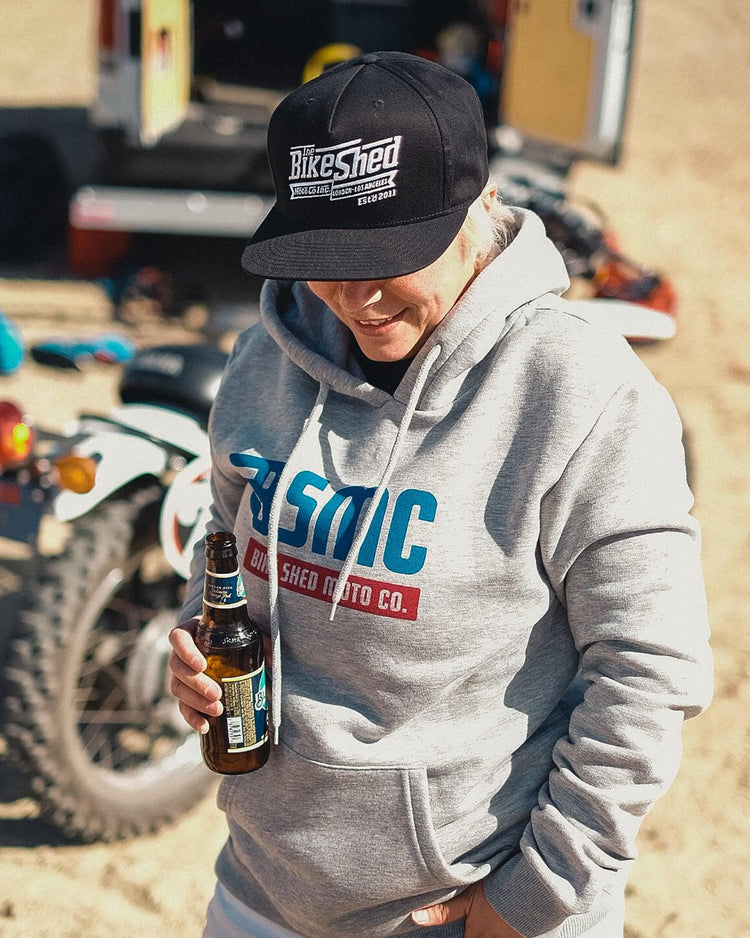 Mel wearing our BSMC XR Overhead Hoodie - Grey