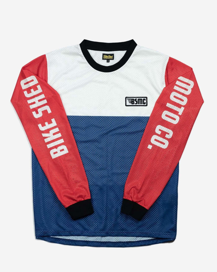 BSMC XR Race Jersey - WHITE/BLUE/RED, front,, sleeves showing