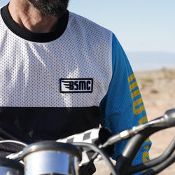 Model wearing our BSMC XT Race Jersey - BLUE/WHITE/BLACK