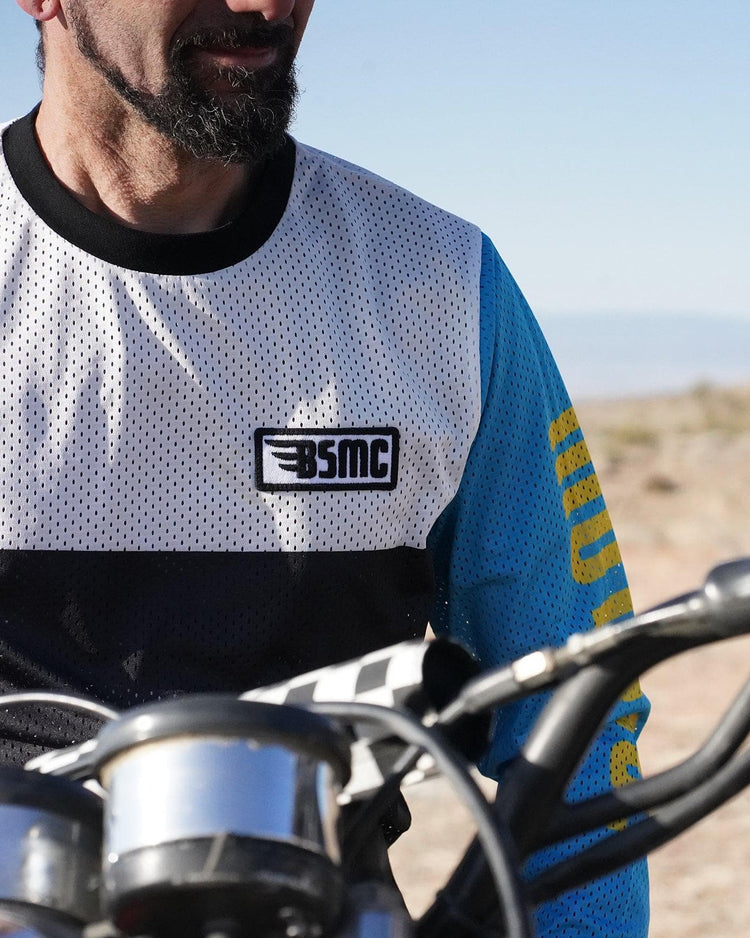 Model wearing our BSMC XT Race Jersey - BLUE/WHITE/BLACK