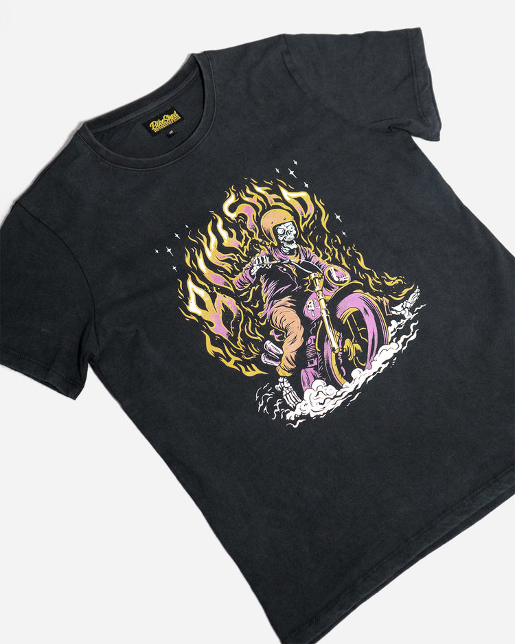 BSMC Women's Speed Demon T-Shirt - Washed Black, side on close up