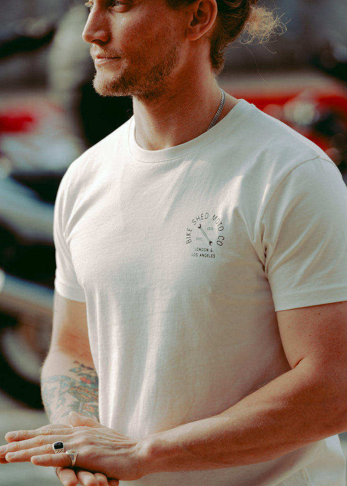 Steve wearing our BSMC Drop Bars T Shirt - White