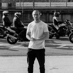Steve wearing our BSMC Drop Bars T Shirt - White