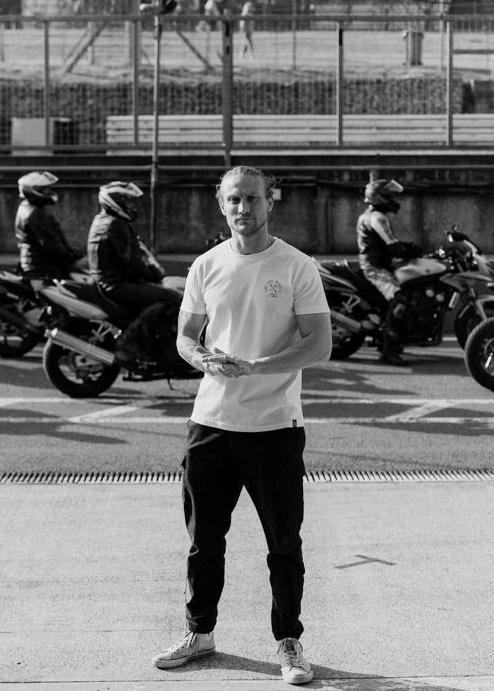 Steve wearing our BSMC Drop Bars T Shirt - White