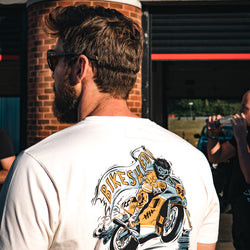 Alen wearing our BSMC Track Wolf T Shirt - Off White
