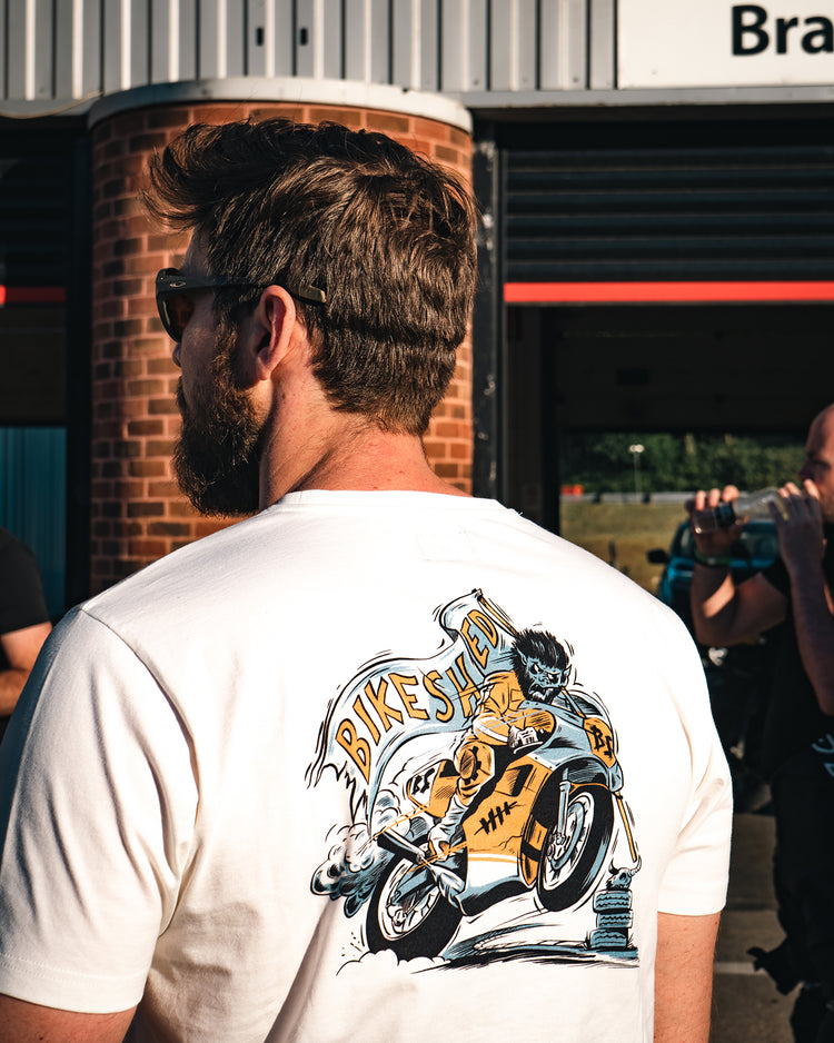 Alen wearing our BSMC Track Wolf T Shirt - Off White