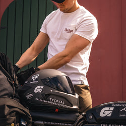 Harry with his Super73 wearing our BSMC Chain T Shirt - Off White