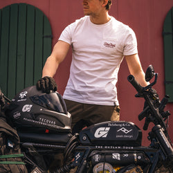 Harry with his Super73 wearing our BSMC Chain T Shirt - Off White