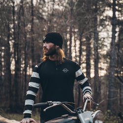 Hawkeye Moto Wearing our BSMC Rocker Long Sleeve Waffle - Black/Cream