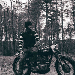 Hawkeye Moto Wearing our BSMC Rocker Long Sleeve Waffle - Black/Cream