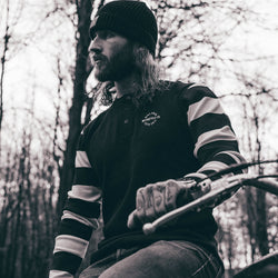 Hawkeye Moto Wearing our BSMC Rocker Long Sleeve Waffle - Black/Cream