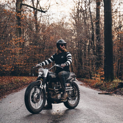 Hawkeye Moto Wearing our BSMC Rocker Long Sleeve Waffle - Black/Cream