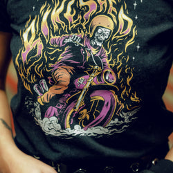 Model wearing our BSMC Women's Speed Demon T-Shirt - Washed Black, logo close up