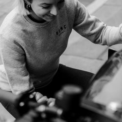 Kat wearing our BSMC ESTD. Sweatshirt - Grey Marl
