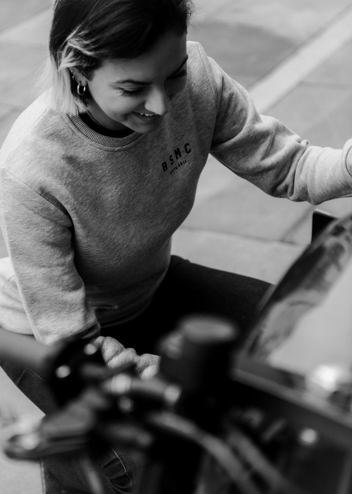 Kat wearing our BSMC ESTD. Sweatshirt - Grey Marl