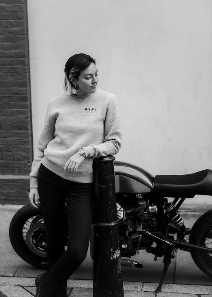 Kat wearing our BSMC ESTD. Sweatshirt - Grey Marl