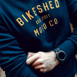 Alen wearing our BSMC Moto Co. Sweat - Navy/Mustard, close up