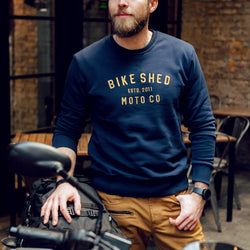 Alen wearing our BSMC Moto Co. Sweat - Navy/Mustard