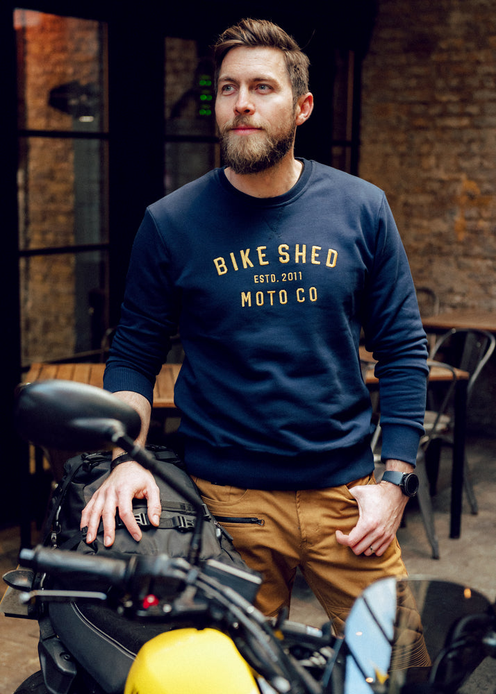 Alen wearing our BSMC Moto Co. Sweat - Navy/Mustard