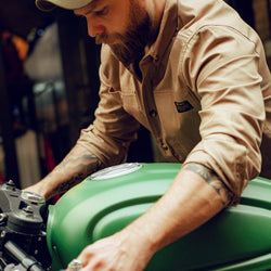 Jimbo wearing our BSMC Ripstop Utility Shirt MKII - TAN