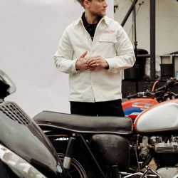 Steve wearing our BSMC Chain Chore Jacket - Ecru