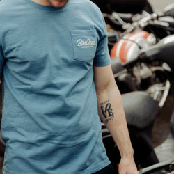 Steve wearing our BSMC Chain Slub T Shirt - Blue