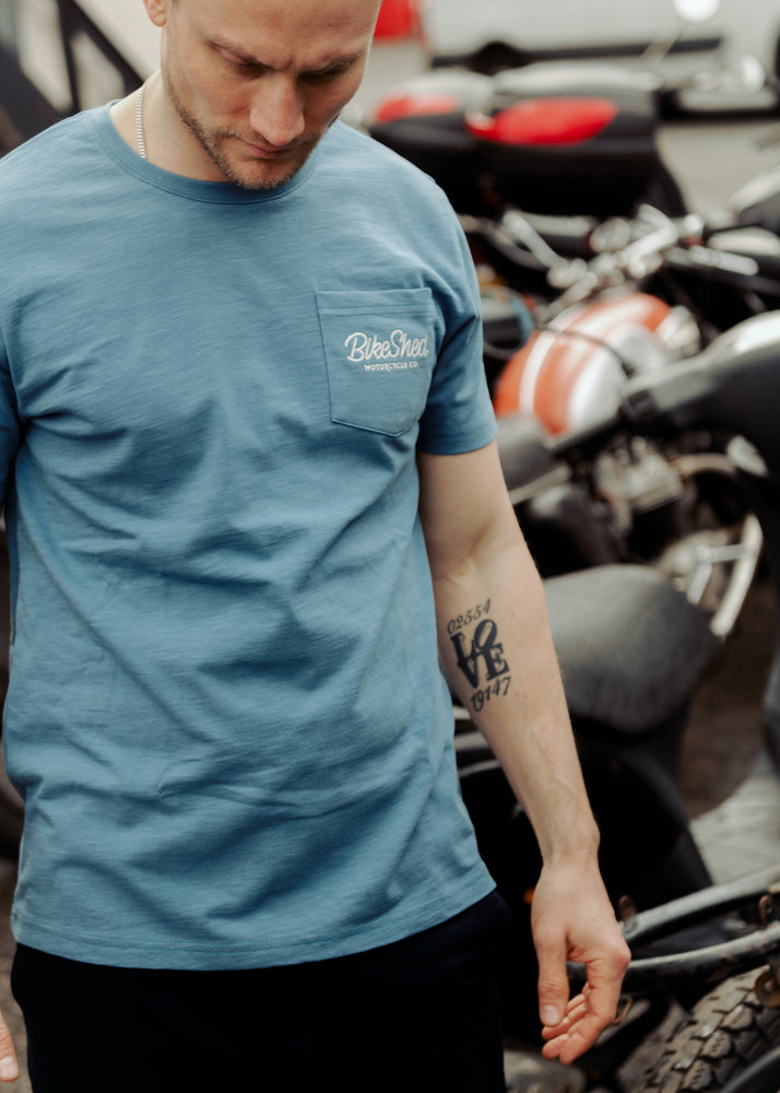 Steve wearing our BSMC Chain Slub T Shirt - Blue