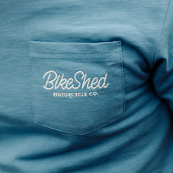 BSMC Chain Slub T Shirt - Blue, pocket & logo close up