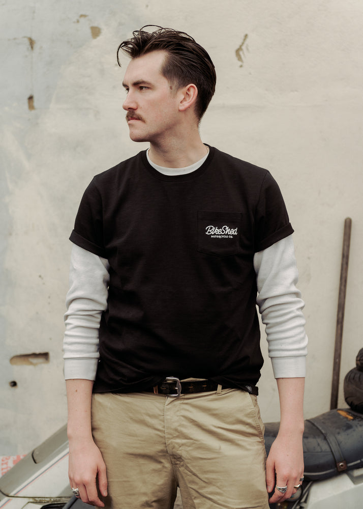Joe posing in our BSMC Chain Slub T Shirt - Black