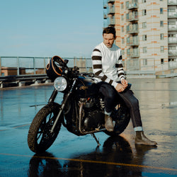 Sam wearing our BSMC Rocker Long Sleeve Waffle - Cream/Black