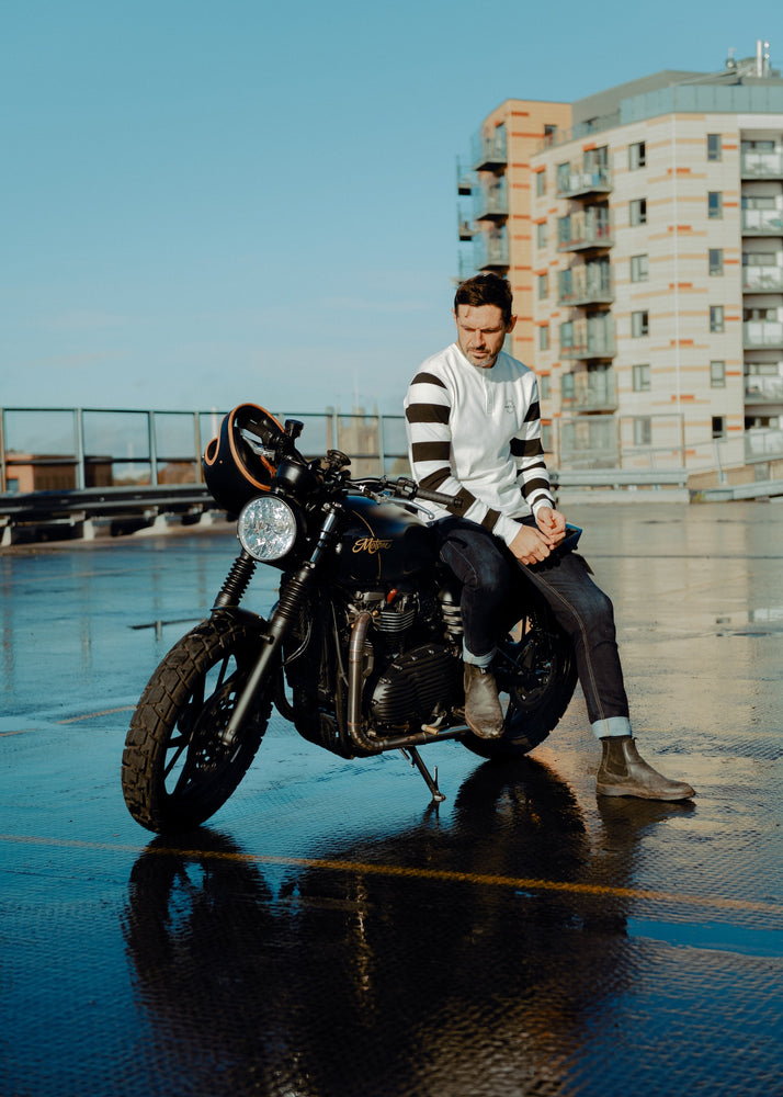 Sam wearing our BSMC Rocker Long Sleeve Waffle - Cream/Black