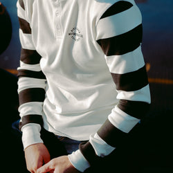 Sam wearing our BSMC Rocker Long Sleeve Waffle - Cream/Black