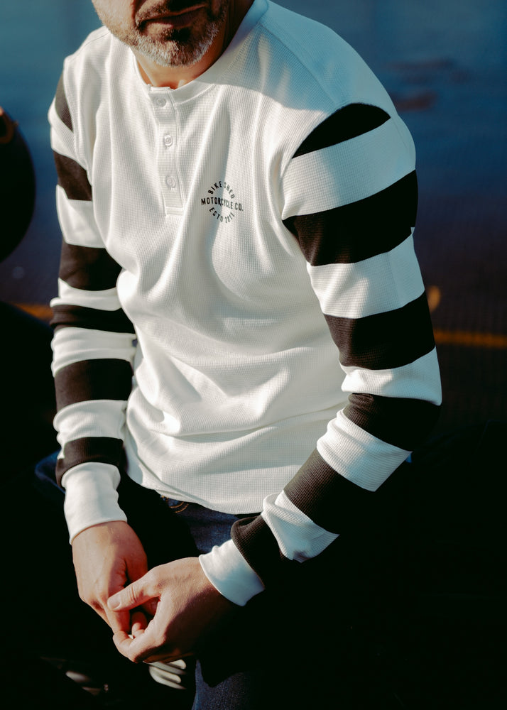 Sam wearing our BSMC Rocker Long Sleeve Waffle - Cream/Black