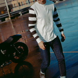 Sam wearing our BSMC Rocker Long Sleeve Waffle - Cream/Black