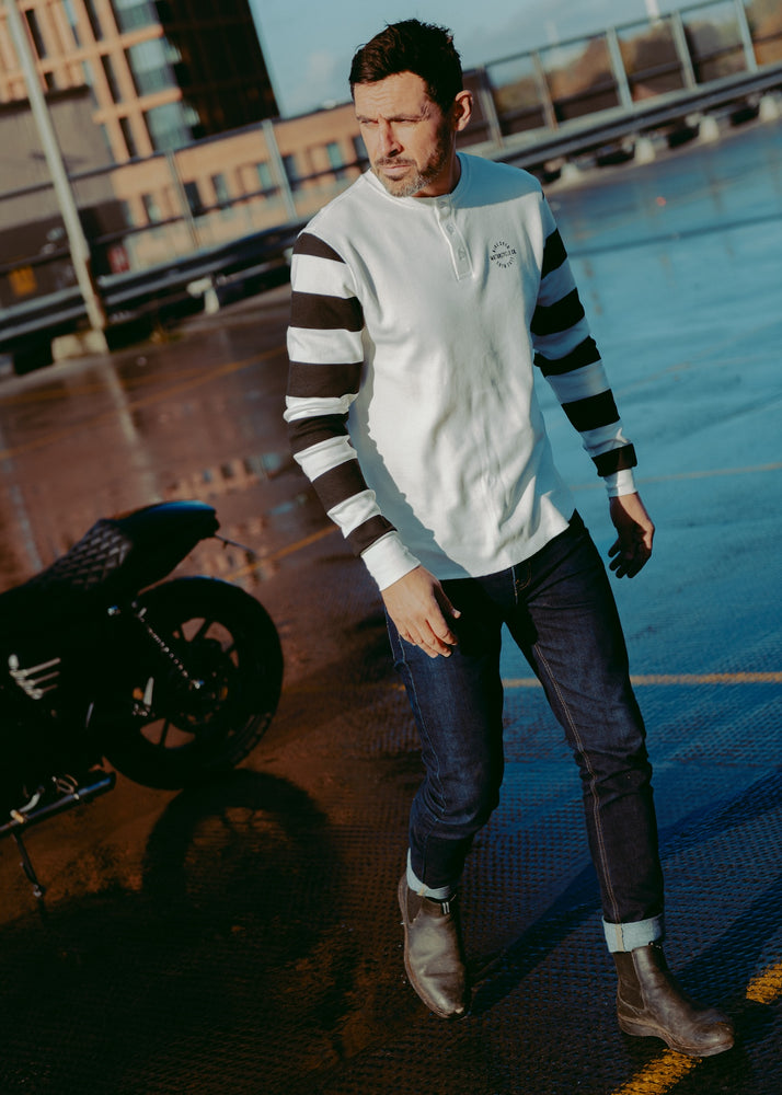 Sam wearing our BSMC Rocker Long Sleeve Waffle - Cream/Black