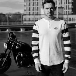 Sam wearing our BSMC Rocker Long Sleeve Waffle - Cream/Black