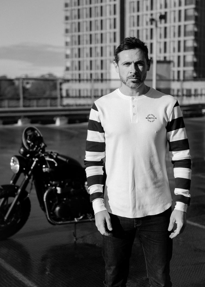 Sam wearing our BSMC Rocker Long Sleeve Waffle - Cream/Black