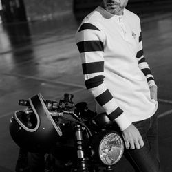 Sam wearing our BSMC Rocker Long Sleeve Waffle - Cream/Black