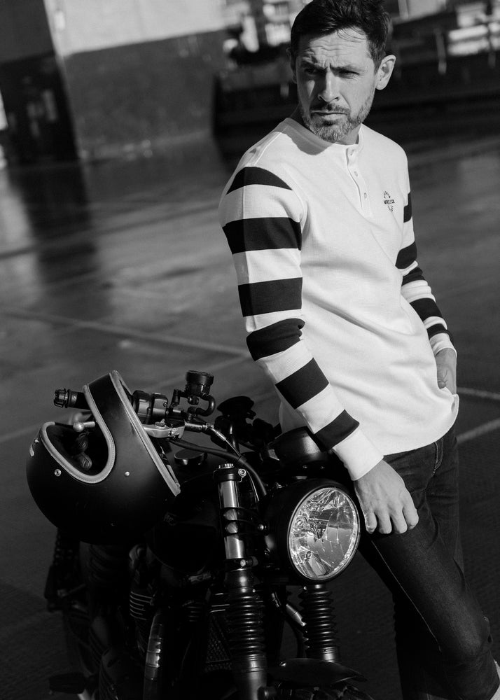 Sam wearing our BSMC Rocker Long Sleeve Waffle - Cream/Black