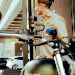Steve wearing our BSMC Garage Shirt - Tan & Black with his Triumph in shot