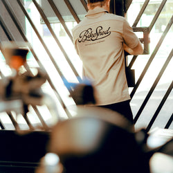 Steve wearing our BSMC Garage Shirt - Tan & Black
