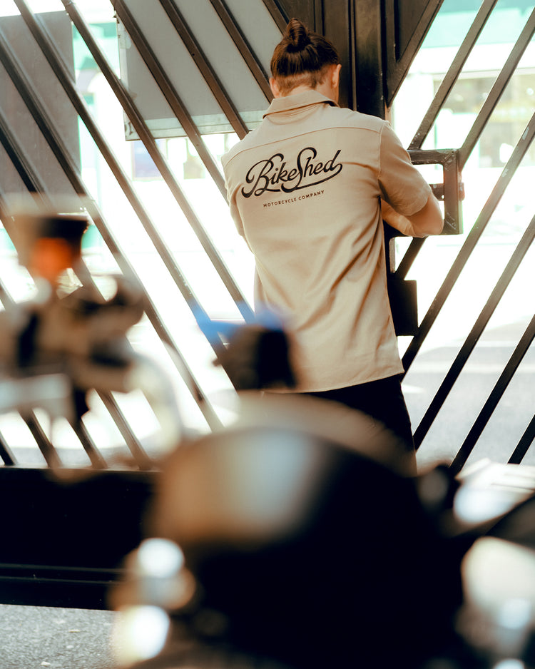 Steve wearing our BSMC Garage Shirt - Tan & Black
