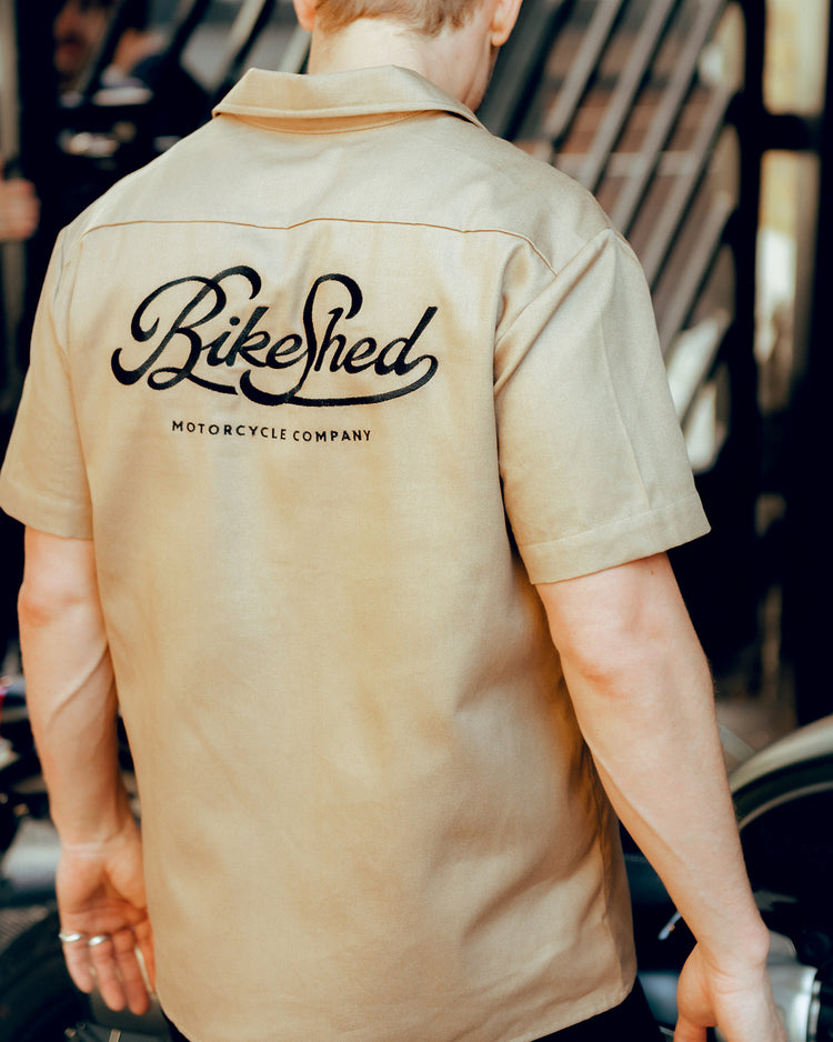 Steve wearing our BSMC Garage Shirt - Tan & Black