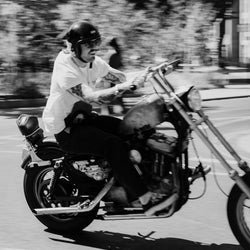 James riding his Harley wearing our BSMC Company T-Shirt - Off White