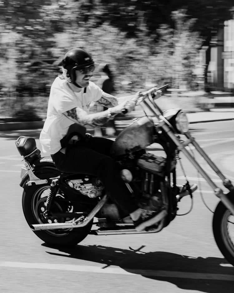 James riding his Harley wearing our BSMC Company T-Shirt - Off White