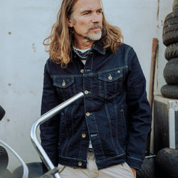 John wearing our BSMC Denim Jacket - Resistant Indigo